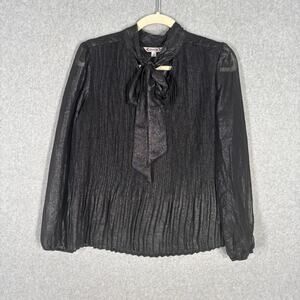 Nanette Lepore Blouse Small Metallic Sheer Sleeve Neck Bow Tie Cord Pleated‎